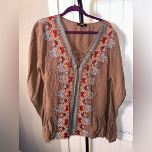 Andree by Unit Size Small Oversized Embroidered Boho Brown Women's‎ Top
